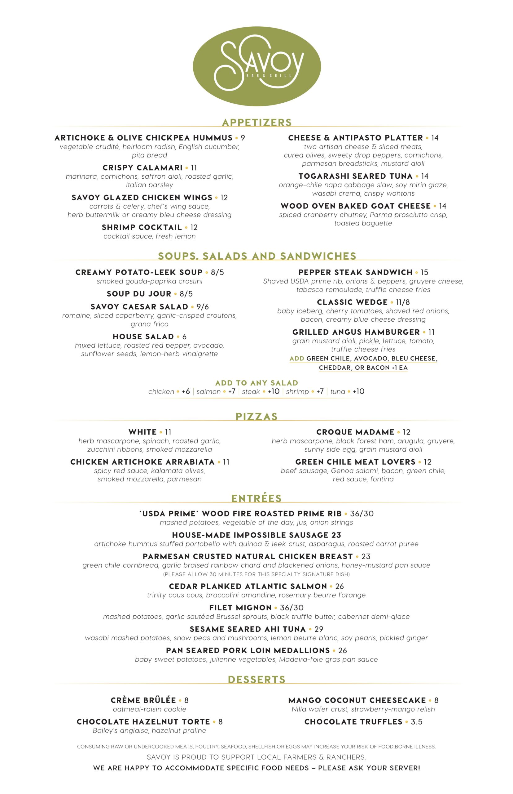 Dinner Menu - Savoy Bar & Grill